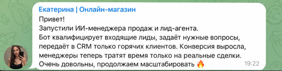 Отзыв Екатерины: запустили ИИ-менеджера продаж и лид-агента, бот квалифицирует входящие лиды и передаёт в CRM только горячих клиентов, конверсия выросла